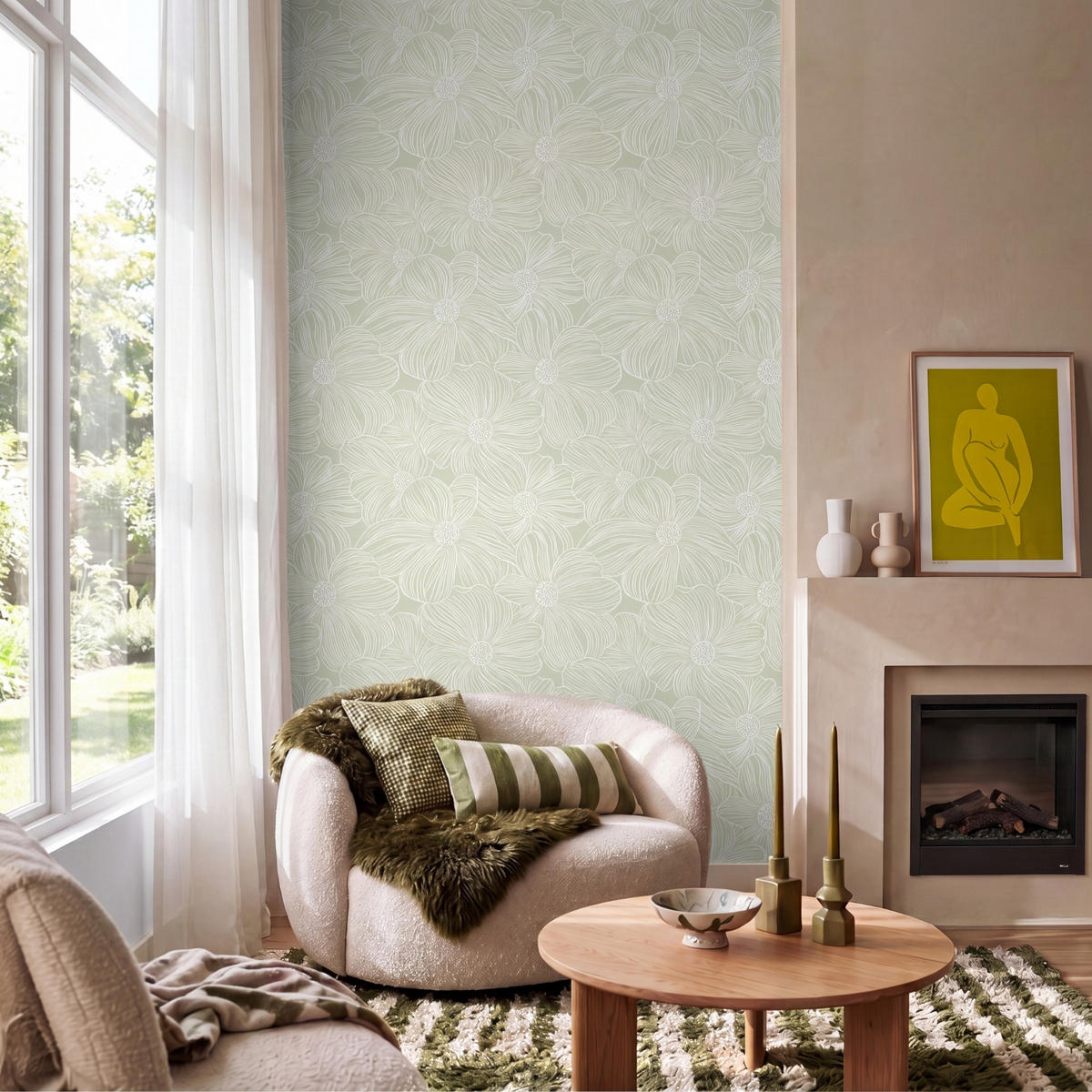 TAPETE - Gelassenheit - Blumen - Grün - 160x260 cm - Salbeigrün, Papier (160/260cm) - OnlyWow