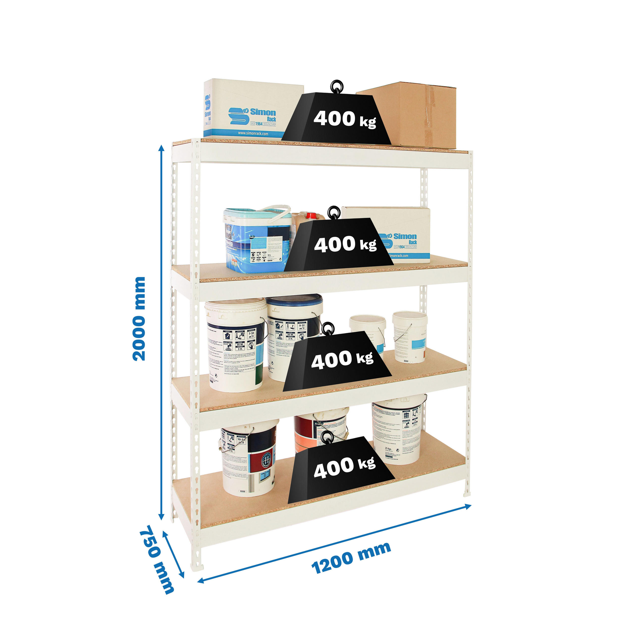 SCHWERLASTREGAL Big Wood Yeti Four HxBxT 200 x 120 x 75 cm Fachlast 400 kg Weiß - Weiß, Metall (120/200/75cm) - PROREGAL