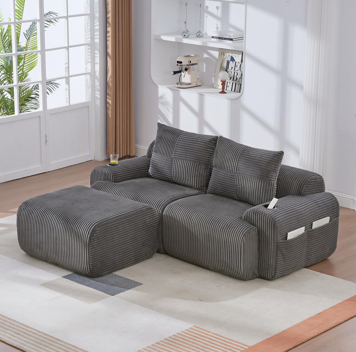 MODULARES 2-Sitzer Cordsofa mit Hocker Getränkehalter und Seitentasche 200/174/80 cm Dunkelgrau - Dunkelgrau, Textil (174/200cm) - Redom