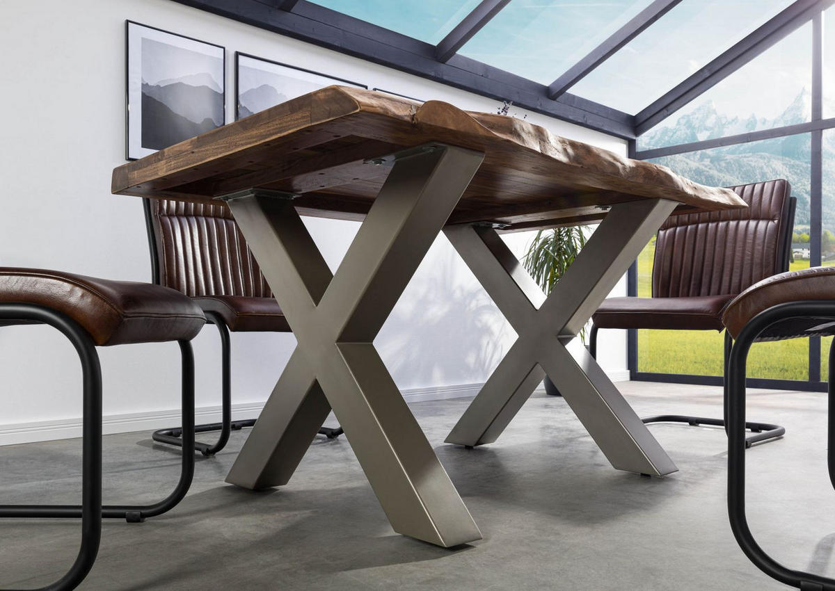 BAUMTISCH Sheesham 140x90x77 grau gebeizt / X-Beine silber matt FREEFORM 5 - Silberfarben/Grau, Holz (140/90/77cm) - Massivmoebel24