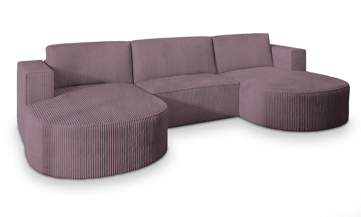 WOHNLANDSCHAFT VEZZO P Lila Kordstoff mit Schlaffunktion - Lila, Holz (347/85/174cm) - MASSENO