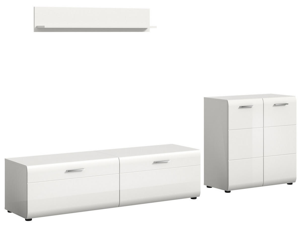 WOHNWAND weiß Hochglanz 3-teilig 255 cm, Schrankwand modernes Design - Weiß Hochglanz/Silberfarben, Glas/Holzwerkstoff (255/160/41cm) - Inn.Furn