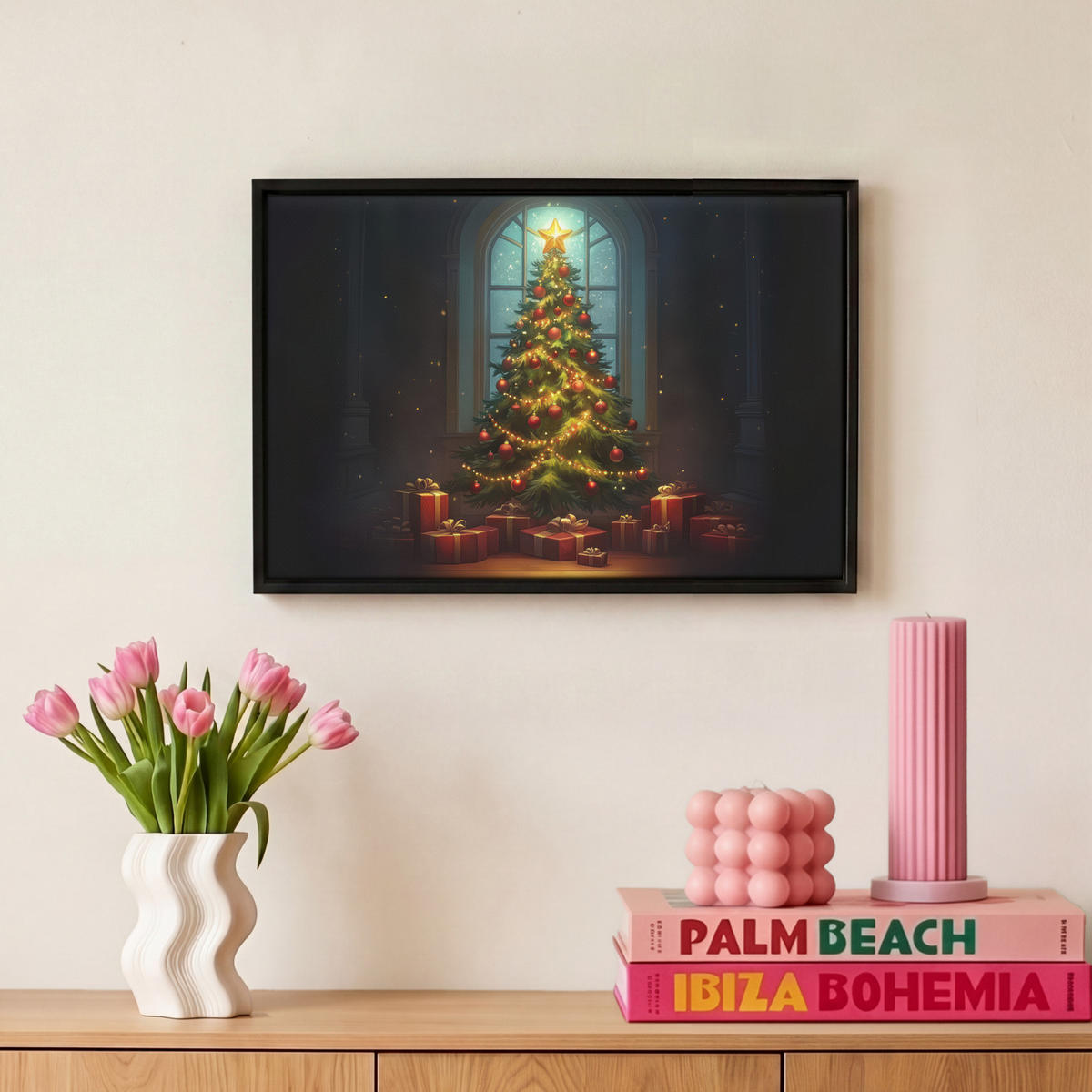 LEINWAND Bilder mit Rahmen - Weihnachtsbaum - Geschenk - Winter - 30x20 - Grün, Textil (30/20cm) - MuchoWow