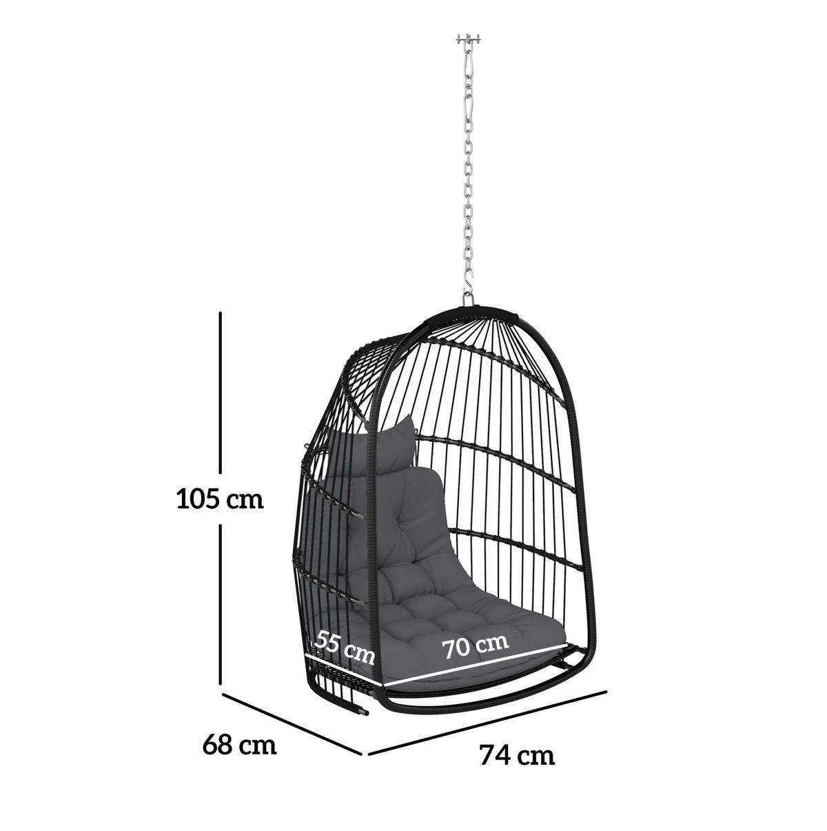 ZÁVĚSNÉ křeslo 74/68/105 cm skládací, ocelové s otočným hákem a polštářem, tmavě šedá - tmavě šedá, kov (68/105/74cm) - Redom
