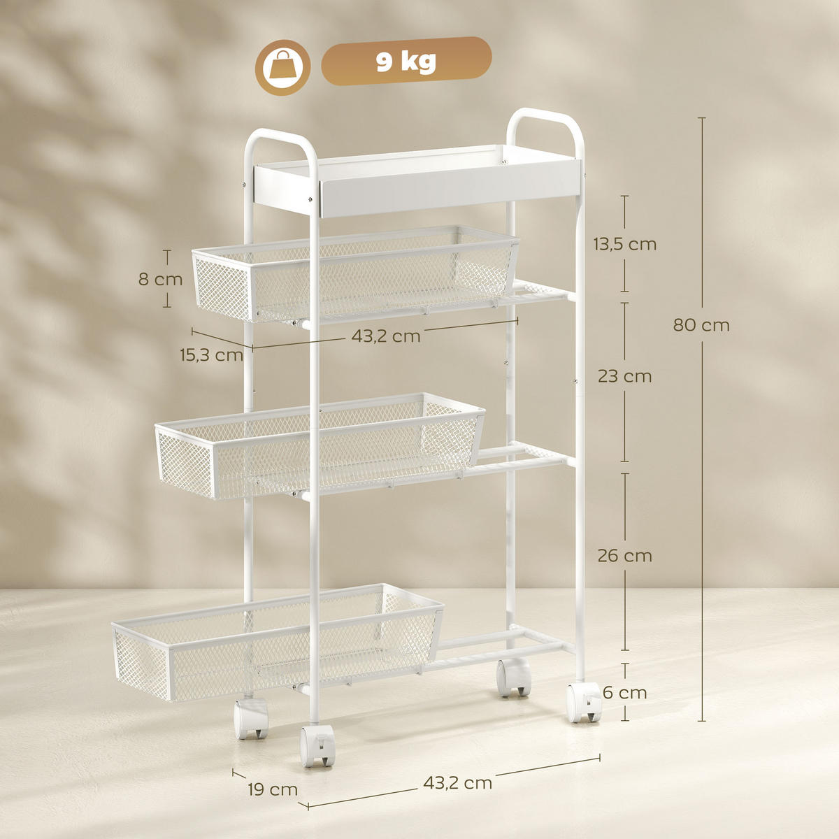 ROLLWAGEN Küchenwagen mit 4 Ebenen Servierwagen mit Rollen 3 Ausziehkörben Weiß - Weiß, Metall (19/80/43.2cm) - HOMCOM