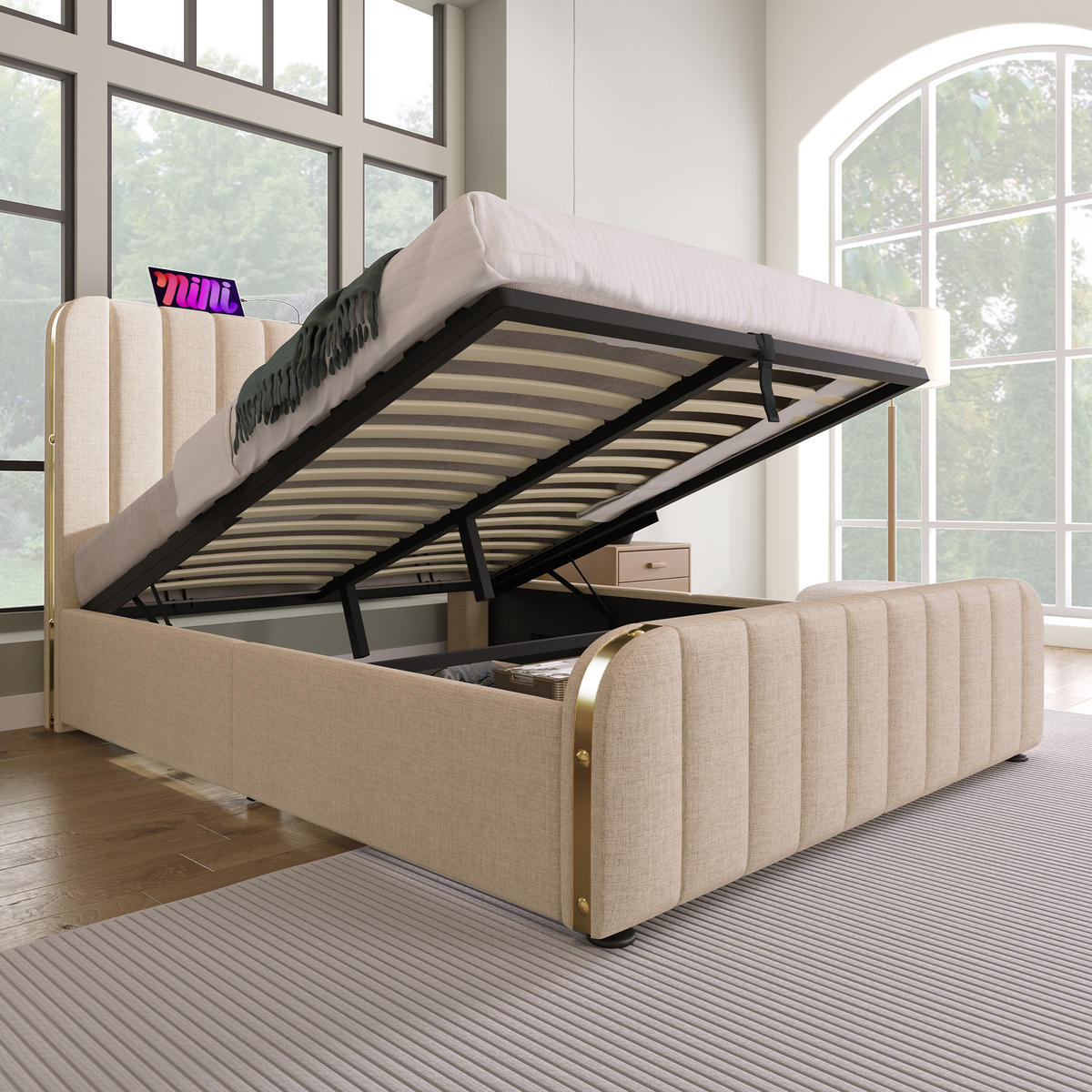 POLSTERBETT 140/200 cm Beige mit hydraulischem Stauraum und USB-Typ-C-Anschlüssen - Beige, Textil (140/200cm) - OKWISH