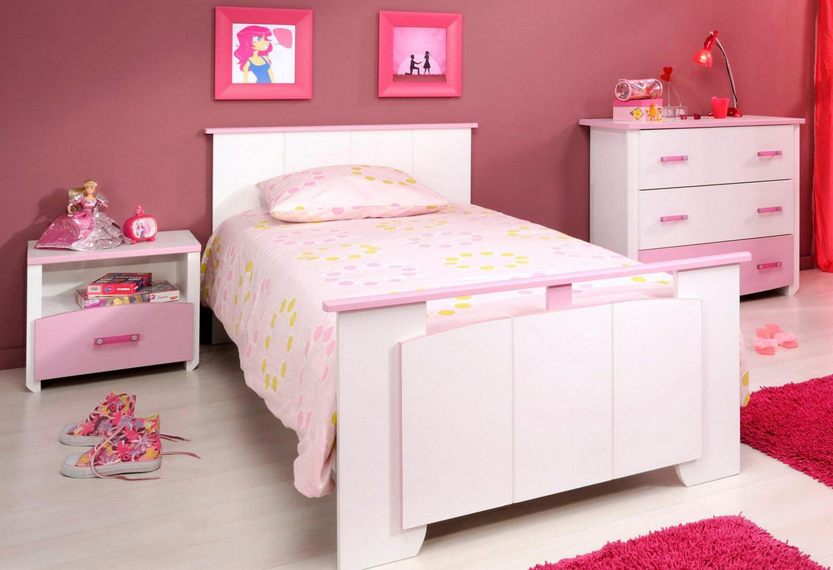 KINDERZIMMER Set 4-tlg Kommode Schreibtisch Bett 90 x 200 cm - Weiß/Rosa, Holz/Holzwerkstoff (90/79/200cm) - Parisot Meuble