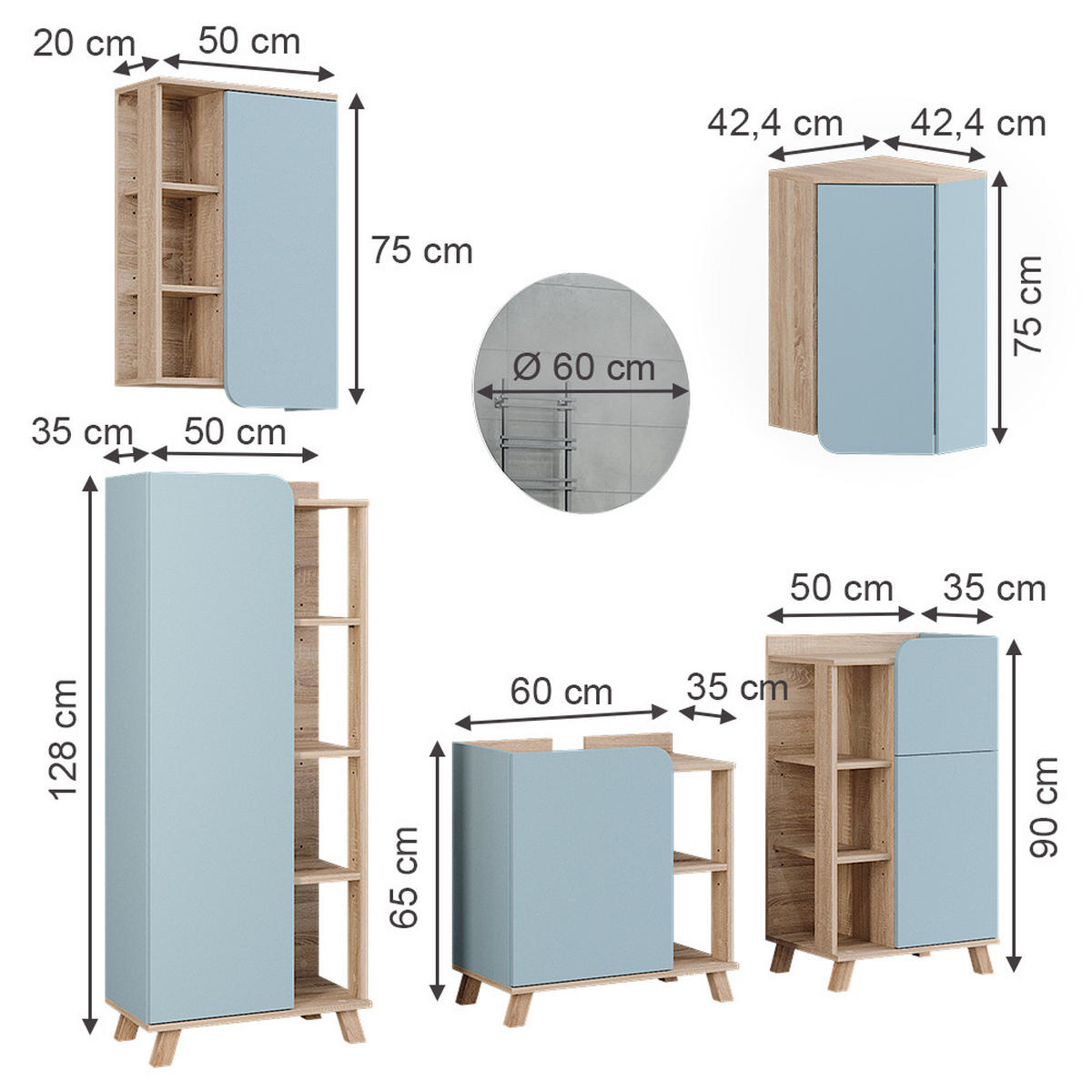 BADMÖBEL-SET Karen Blau-Grau 6 Teile - Blau, Holzwerkstoff (60/65/35cm) - Vicco