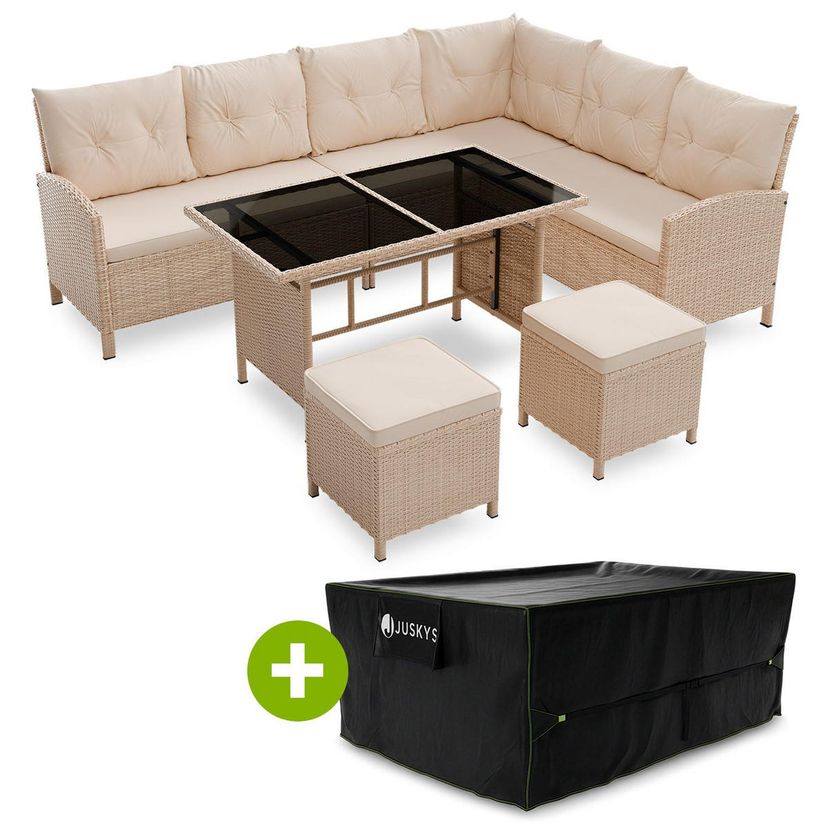 LOUNGEGARNITUR Manacor creme, sand inkl. Abdeckung - Beige, Kunststoff/Metall - Juskys