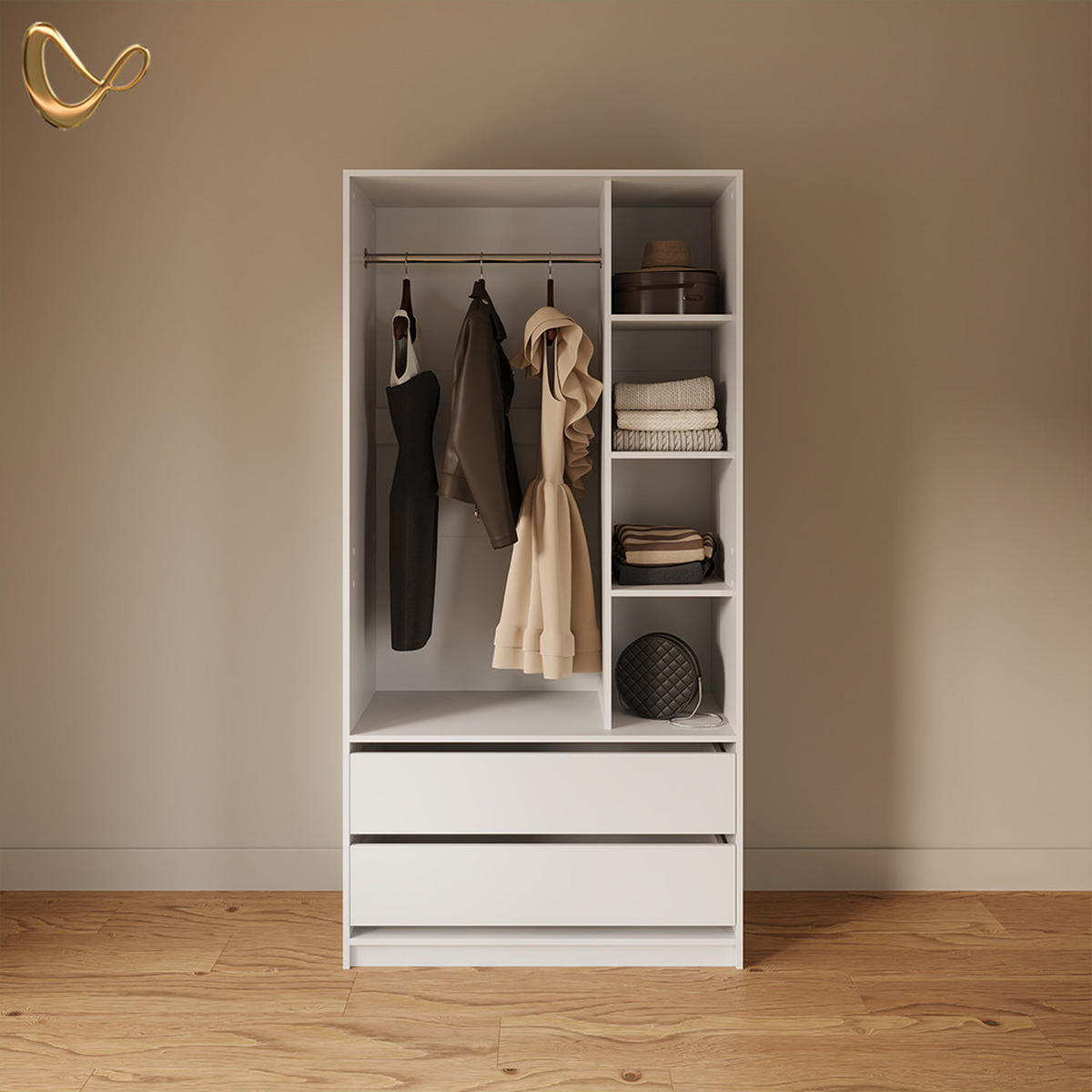 GARDEROBNA OMARA Trento Bela z 2 predaloma - bela, leseni material (100/200/50cm) - Livinity®