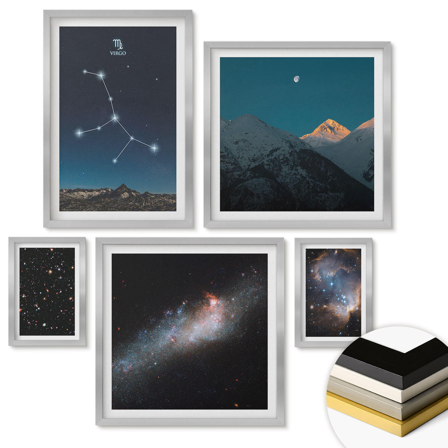 WANDBILDER 5er Set - 50x50 cm & 20x30 cm & 40x60 cm Silberner Rahmen - Jungfrau-Galaxie-Universum - Silberfarben, Kunststoff (40/60cm) - ArtPrintCave