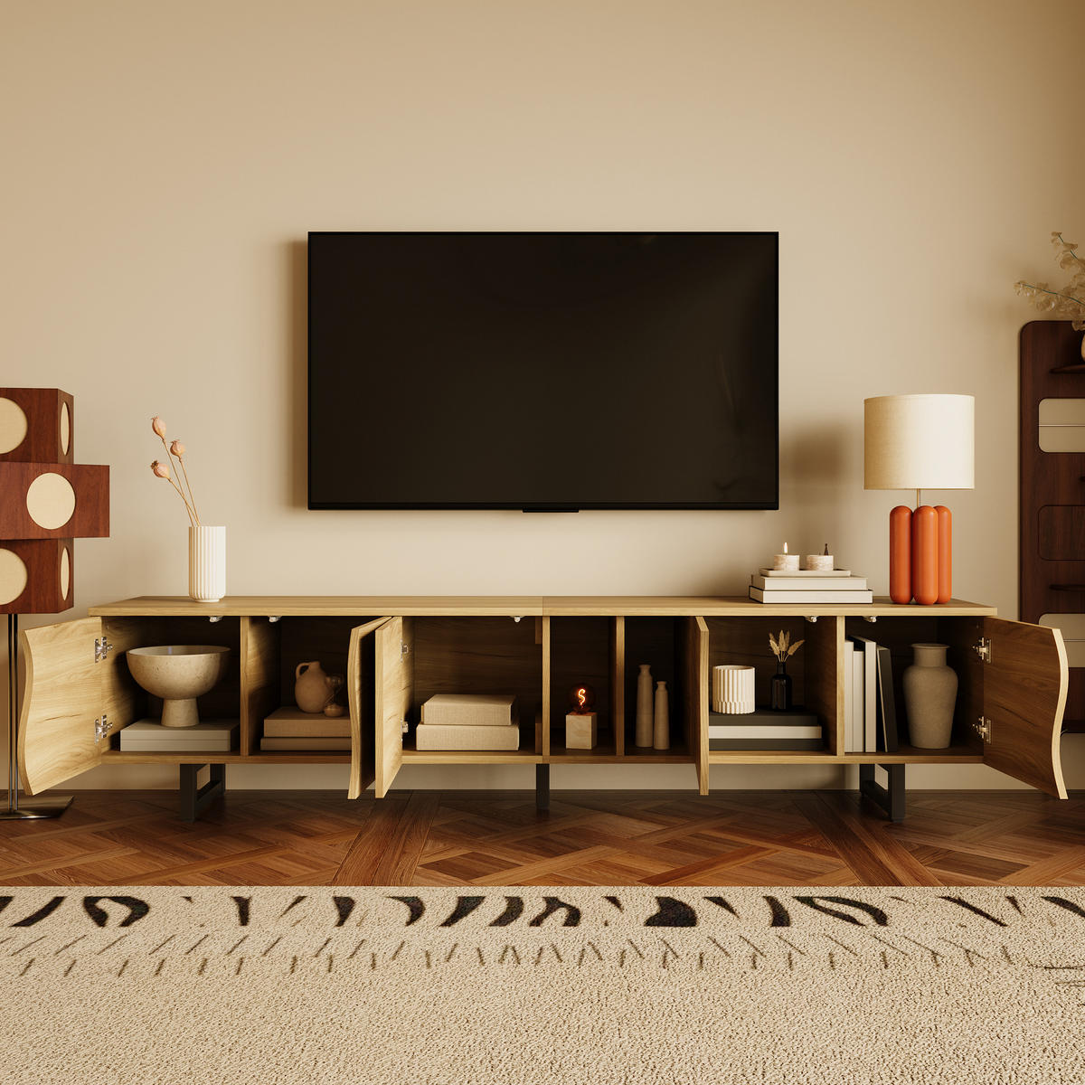 TV-SCHRANK 191cm 5 Türen modern Stauraum TV-Ständer - Naturfarben, Holzwerkstoff (38/46.5/191cm) - FLIEKS