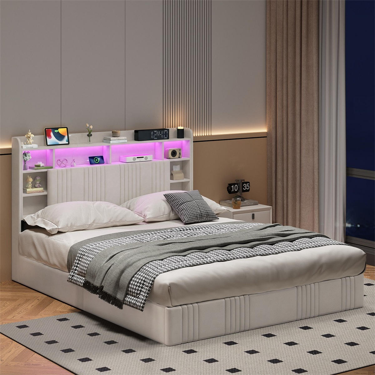 POLSTERBETT 140x200 cm mit LED-Beleuchtung - Kopfteil-Stauraum, Ladestation und hydraulischem Stauraum - Beige - Beige, Textil (140/200cm) - DELFA