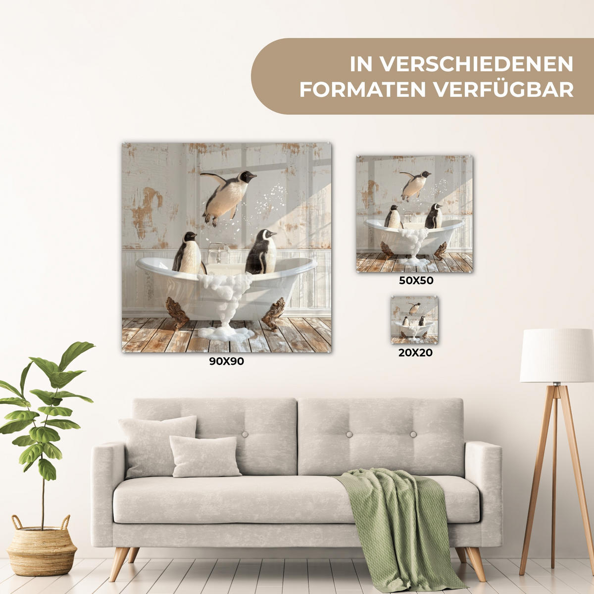 ACRYLGLASBILD Vintage - Pinguin - Badewanne - Schaumstoff 50x50 cm - Schwarz, Glas (50/50cm) - MuchoWow
