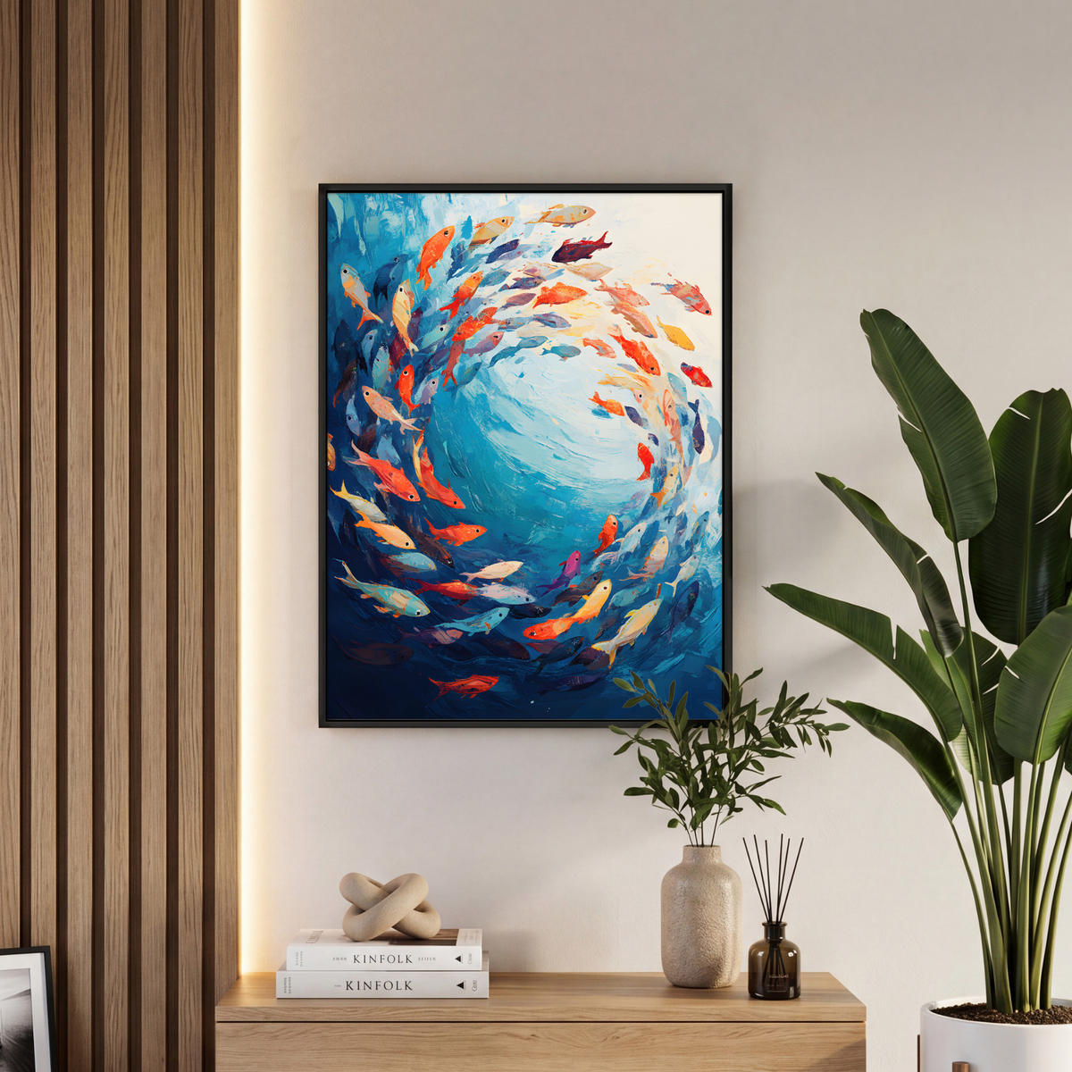 LEINWAND Bilder mit Rahmen - Meer - Fische - Bunt - Dynamisch - 50x70 - Hellblau, Textil (50/70cm) - MuchoWow