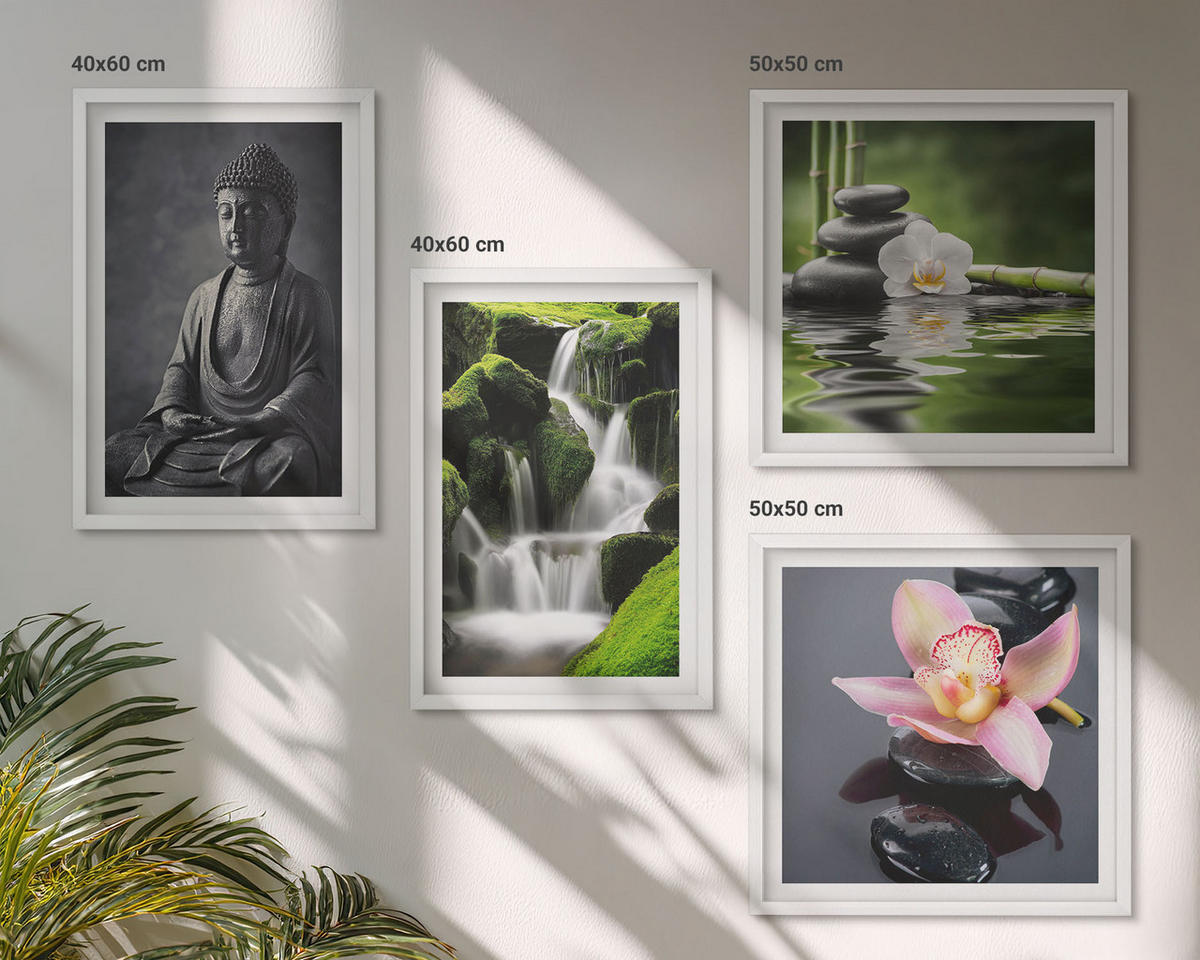 WANDBILDER 4er-Set - 50x50 cm & 40x60 cm Weißer Rahmen - Zen-Gemälde, Wassersteine, Buddha - Weiß, Kunststoff (50/50cm) - ArtPrintCave