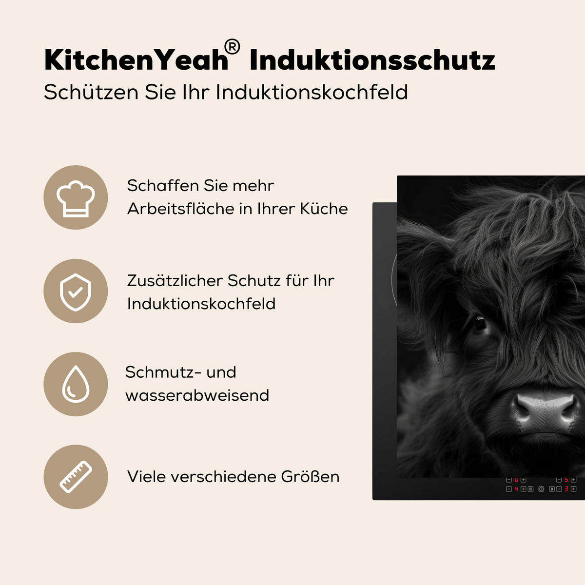 HERDABDECKPLATTE Scottish Highlander - Schwarz - Kalb - Kuh Induktionsmatte 78x78 cm - Schwarz, Kunststoff (78/78/0.2cm) - MuchoWow