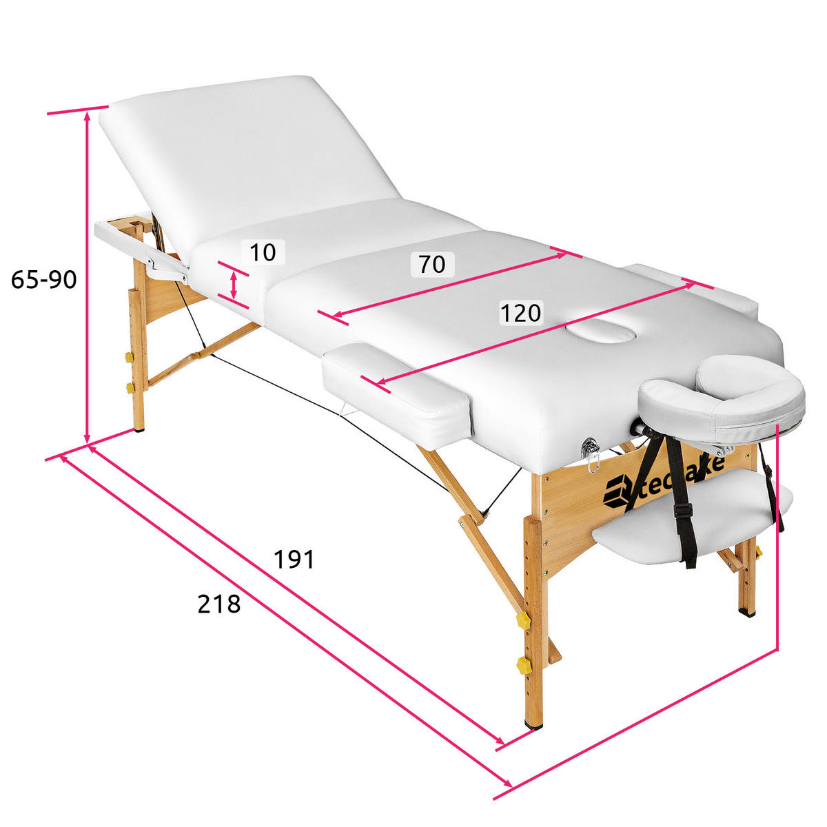 MASSAGELIEGE 3 Zonen, 218 x 102 x 90 cm,weiß - Weiß, Holz (102/90/218cm) - tectake