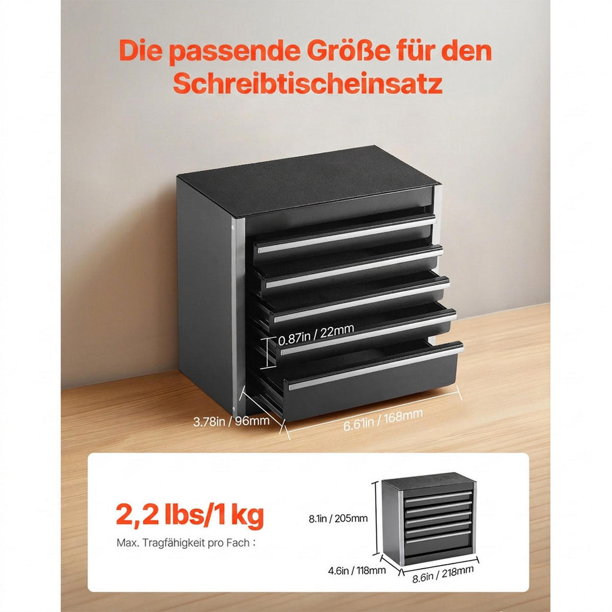 WERKZEUGKOFFER 8,6 Zoll Werkzeugkasten Metall mit 5 Schubladen Tragbare Werkzeugbox Schwarz - Schwarz, Metall (10/10/10cm) - Raelunyi