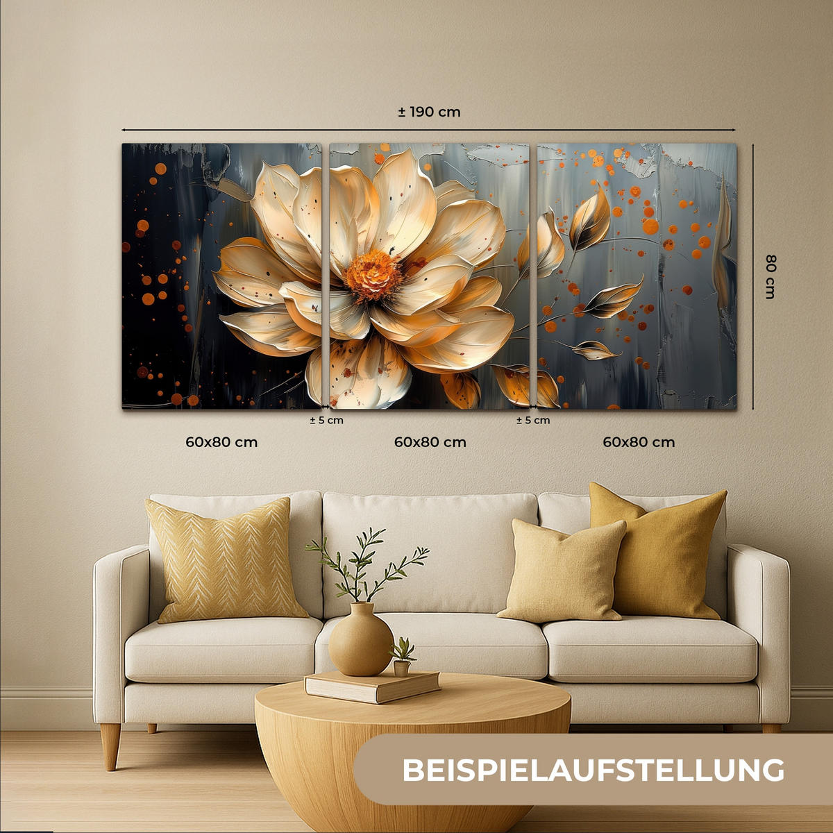 LEINWANDBILD 3er Set Blume - Gold - Abstrakt - Farbe 180x80 cm - Creme, Textil (180/80cm) - MuchoWow
