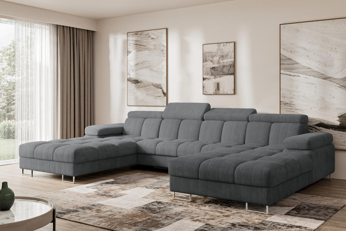 WOHNLANDSCHAFT mit Schlaffunktion und Bettkasten COMA U2 345x203x79 Dunkelgrau Cord - Graphitfarben, Holzwerkstoff/Textil (345/79/203cm) - ALTDECOR