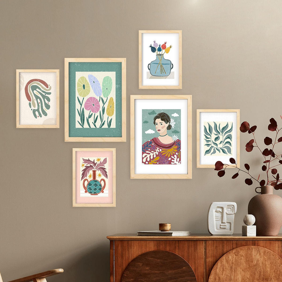 POSTER Set Mit 6 Drucken Blüten In Der Sammlung Von Ethnischenen Ästhetische Dekorative Für Zuhause Wandkunstdruck A3 & A4 Rahmen Aus Hellem Holz - Beige, Papier (29/3cm) - Nacnic