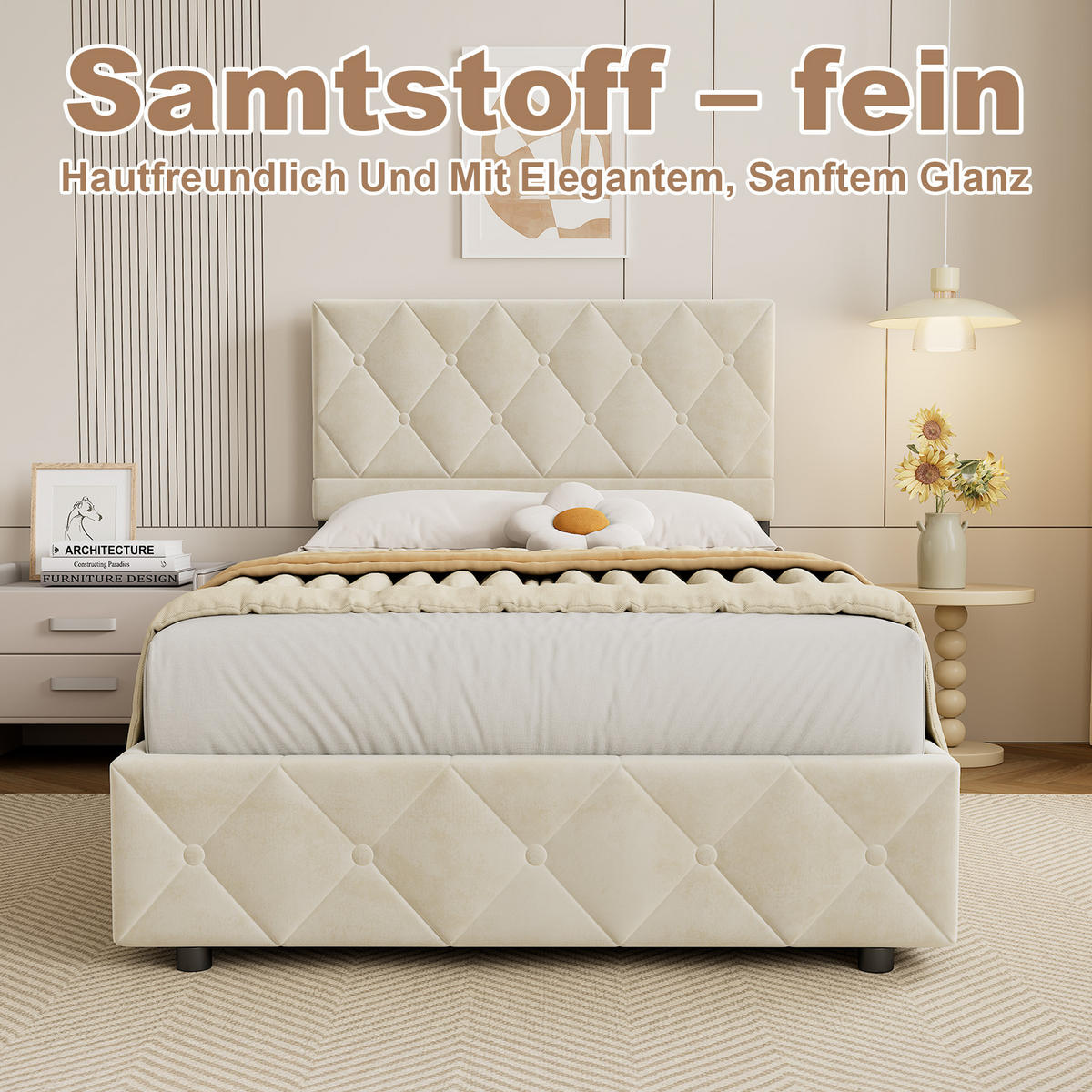 POLSTERBETT 90/200 cm in Beige Samt, mit Matratze und Bettkasten - Beige, Holzwerkstoff/Textil (90/200cm) - WISHDOR