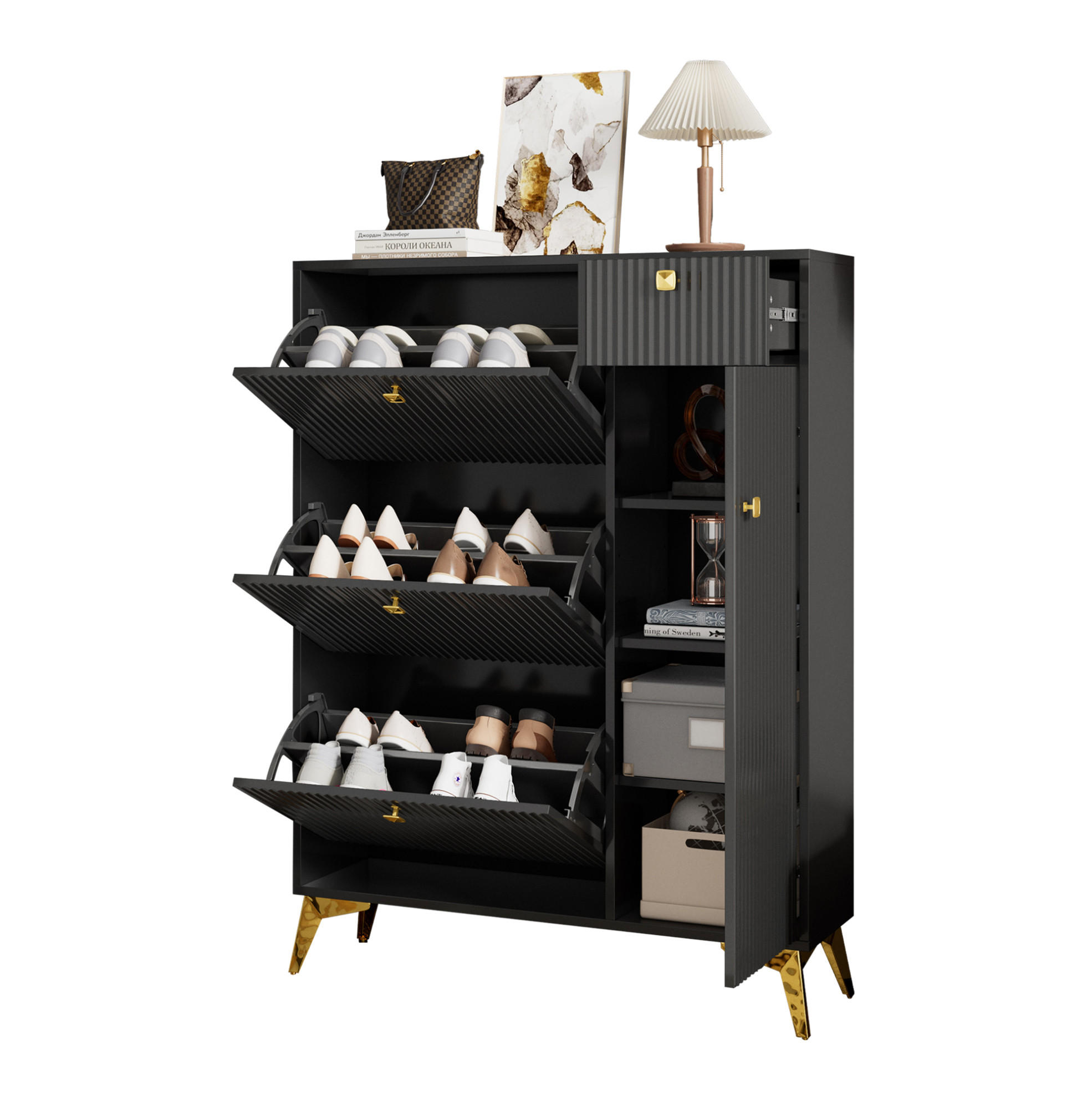 Modfu BOTNÍK z dřevotřísky a MDF 90x25x121 cm černý se 3 výklopy, zásuvkou a dvířky, s vlnitým čelem
