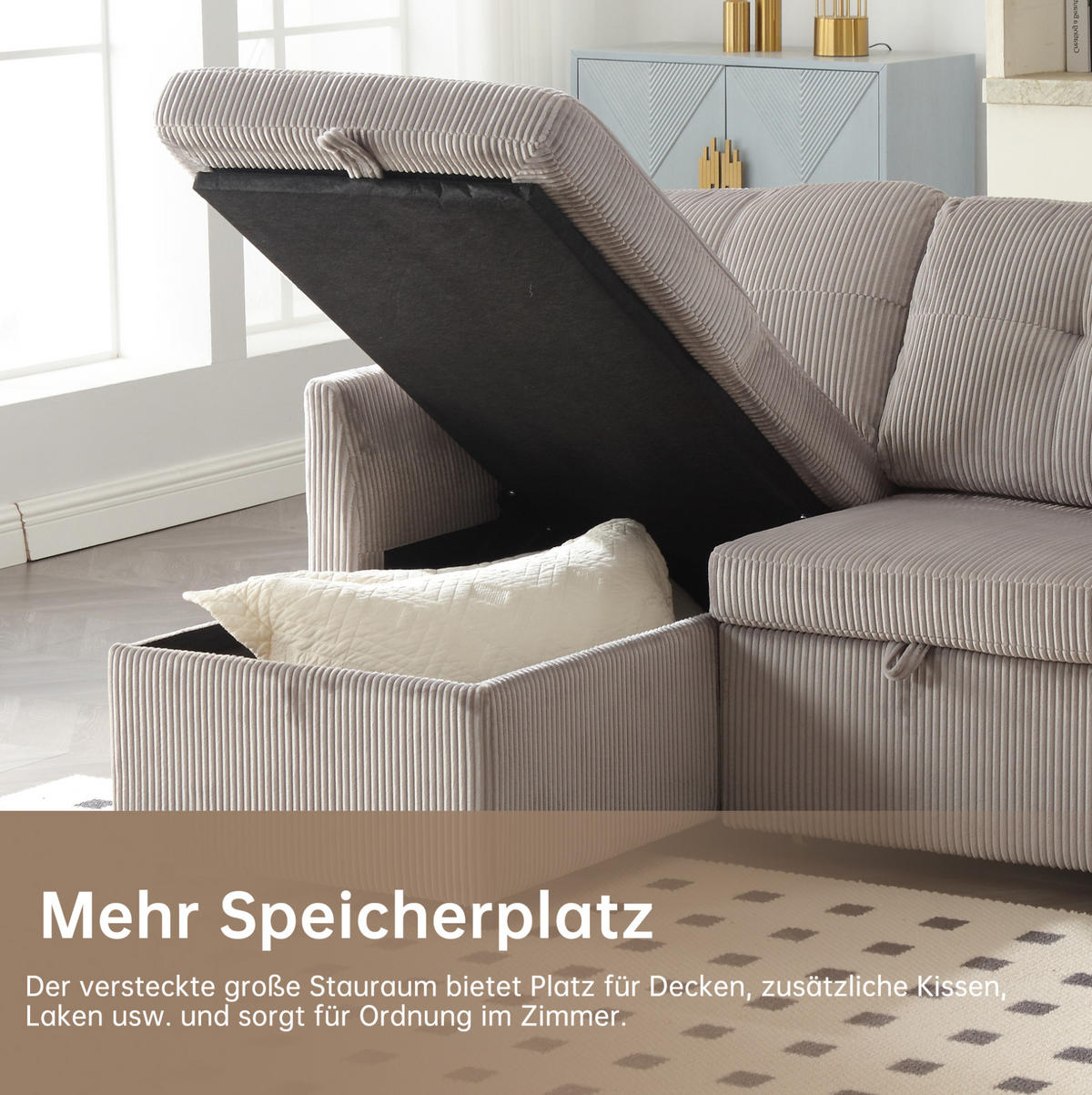 ECKSCHLAFSOFA Cord modular mit Stauraum und Seitenfächern Hellgrau 206/108/66 cm - Hellgrau, Textil (108/206cm) - Redom