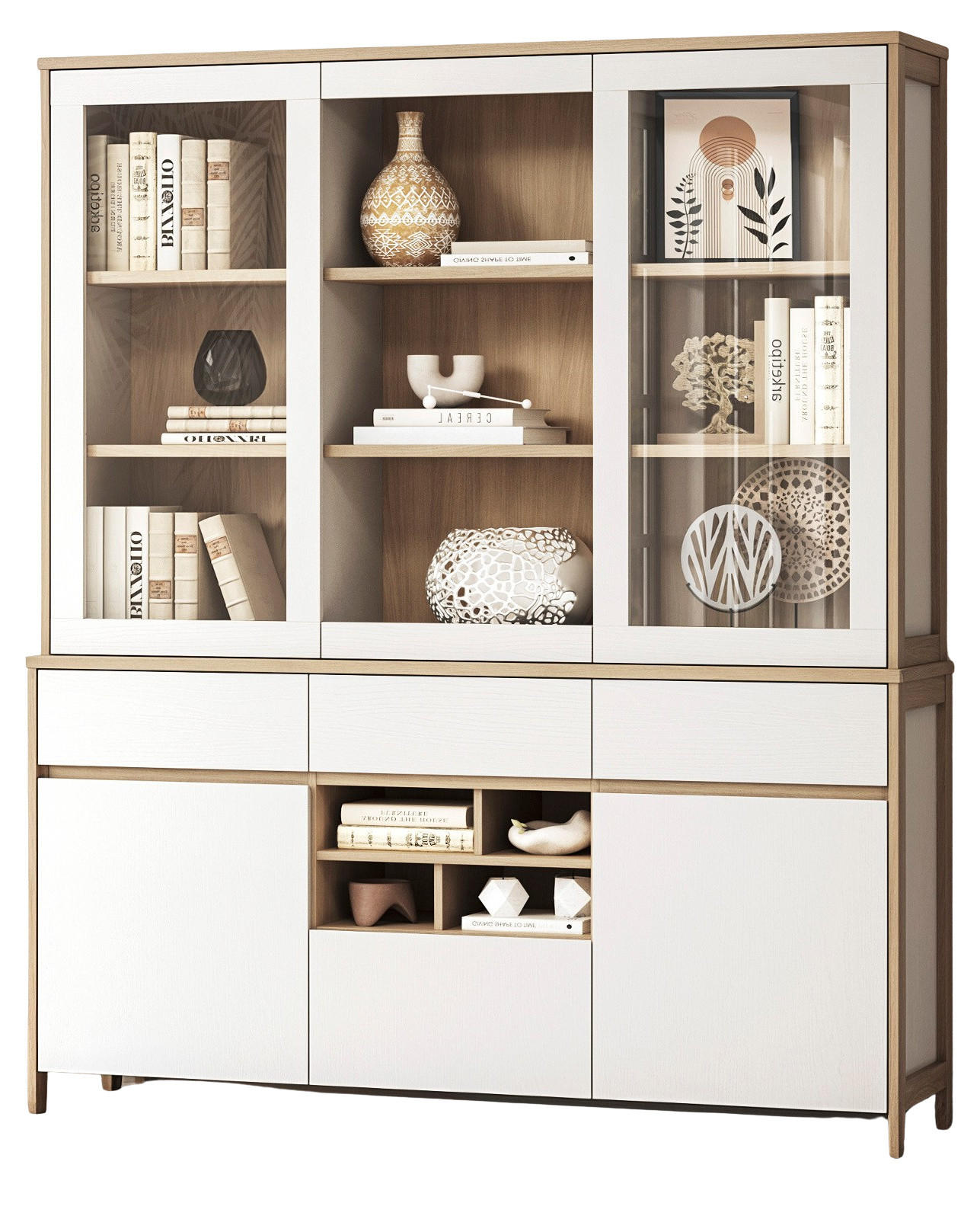 BUFFET weiß, Eiche, Buffetschrank skandinavisch 164 cm mit Soft-Close, Finnes - Eichefarben/Weiß, Glas/Holzwerkstoff (164/195/39cm) - Furn.Design