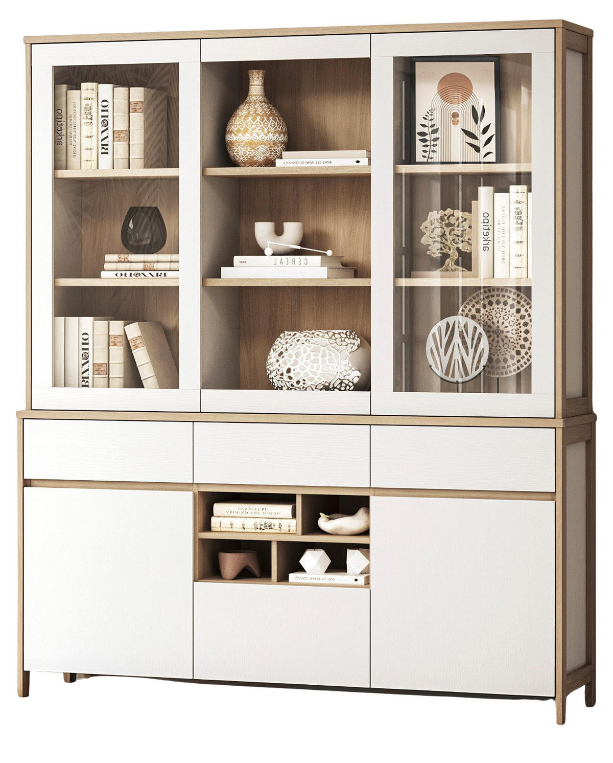 BUFFET weiß, Eiche, Buffetschrank skandinavisch 164 cm mit Soft-Close, Finnes - Eichefarben/Weiß, Glas/Holzwerkstoff (164/195/39cm) - Furn.Design