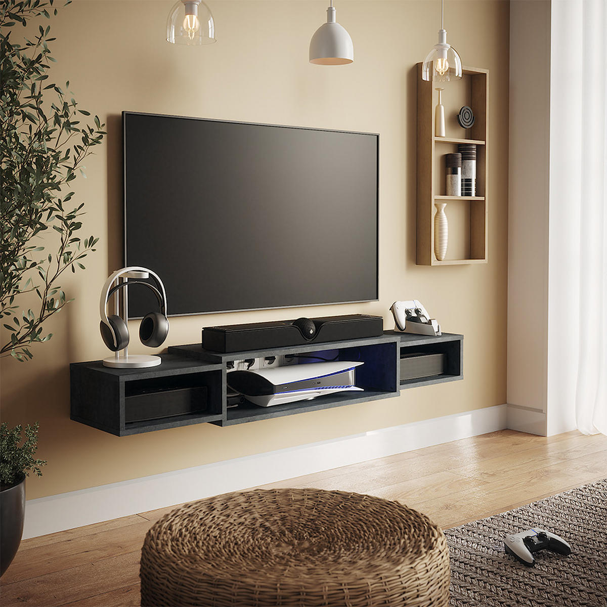 TV-SCHRANK Nordic Schwarz Beton 139.7 x 20.3 cm mit offenen Regalen - Schwarz, Holzwerkstoff (139.7/20.3/29cm) - Vicco