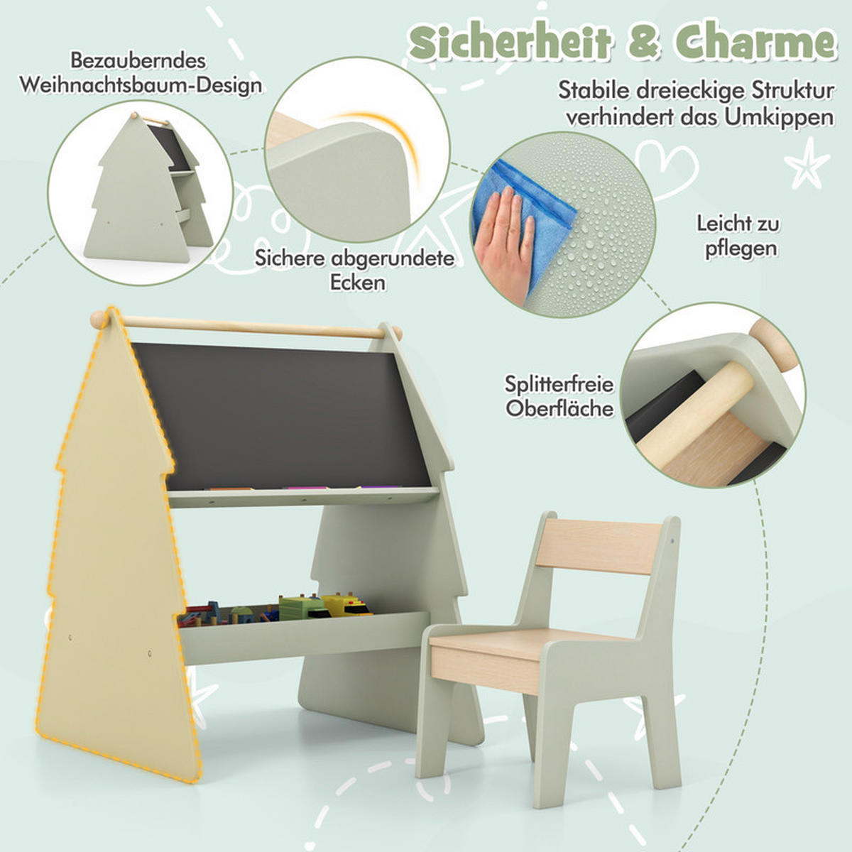 KINDERTISCHSET mit Ablage grün(2-tlg) - Grün, Holzwerkstoff (68/80/60cm) - COSTWAY