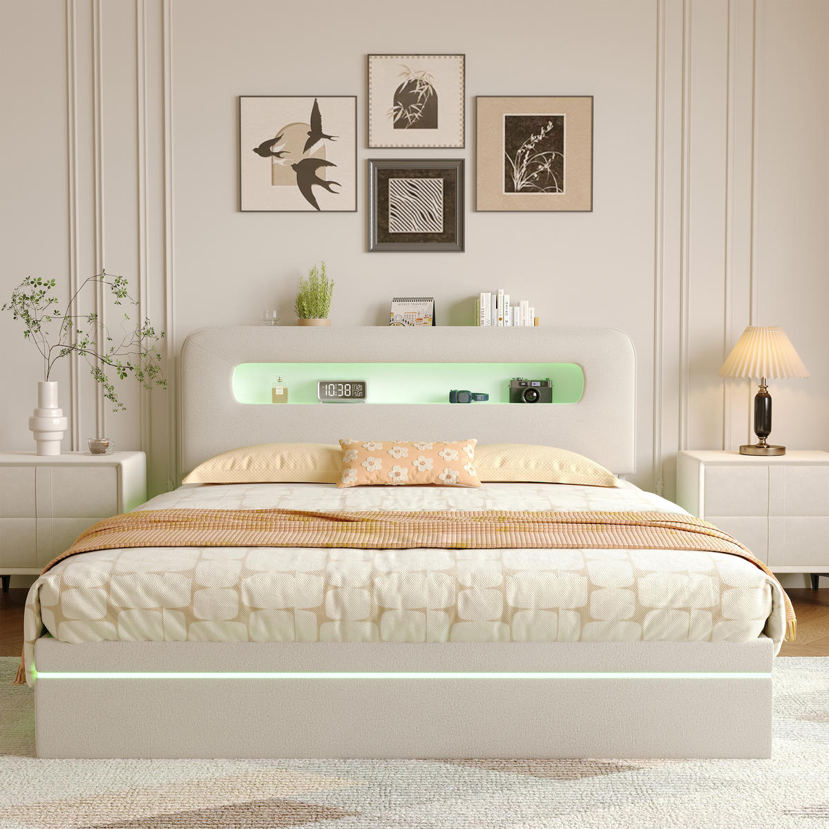 POLSTERBETT 140/200 cm Beige mit hydraulischem Stauraum, LED-Kopfteil mit Ablage und USB-Anschluss - Beige, Metall (140/200cm) - EuroLiving