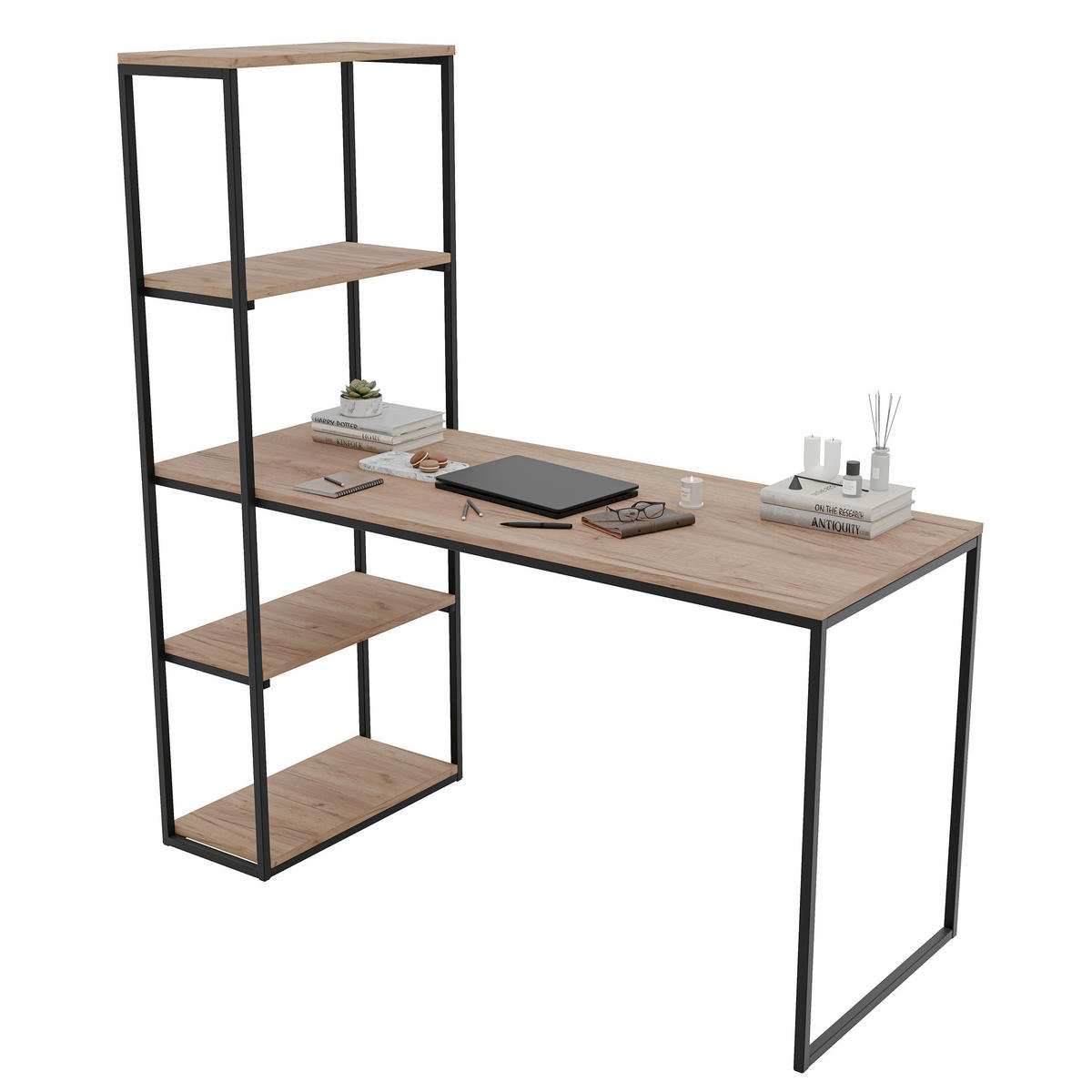 SCHREIBTISCH mit Seitenregal Eiche Kraft Gold - Eiche Wotan/Schwarz, Holzwerkstoff (152/60/160cm) - Idohome
