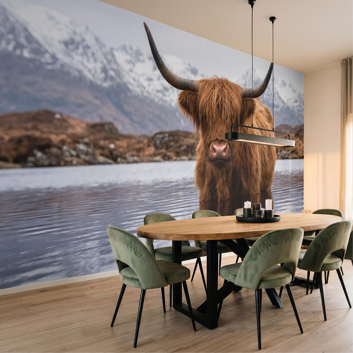 TAPETE - Schottischer Hochländer - Braun - Wasser - 400x240 cm - Braun, Papier (400/240cm) - OnlyWow