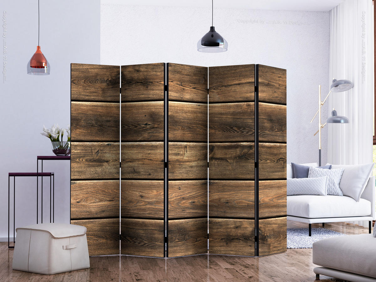 PARAVENT Beidseitig Bedruckter 5-tlg 225x172 cm Hölzerne Komposition - Braun, Holz/Textil (225/172/3cm) - Muralo