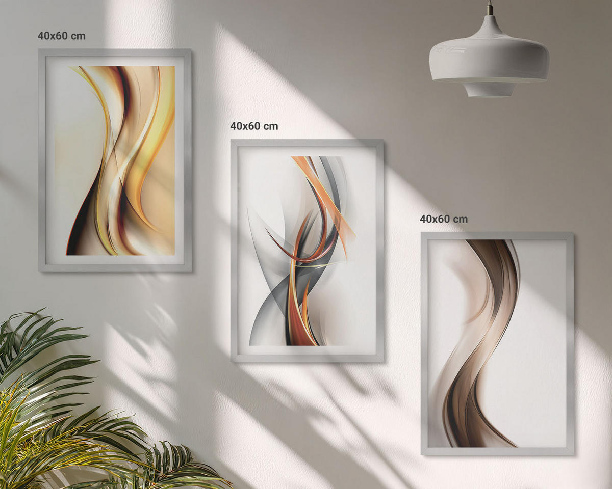 WANDBILDER 3er Set - 40x60 cm Silberner Rahmen - Gelbgrau-braune Wellen - Silberfarben, Kunststoff (40/60cm) - ArtPrintCave