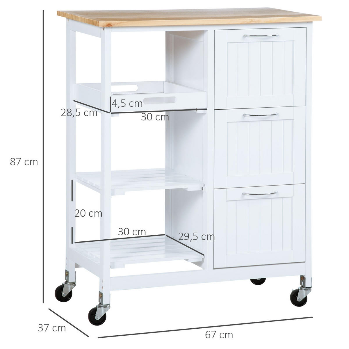 KÜCHENINSEL Weiß, SERVIERWAGEN MIT 3 SCHUBLADEN, Aus MDF, 67/37/84 cm - Weiß, Holzwerkstoff (37/84/67cm) - Rolipo