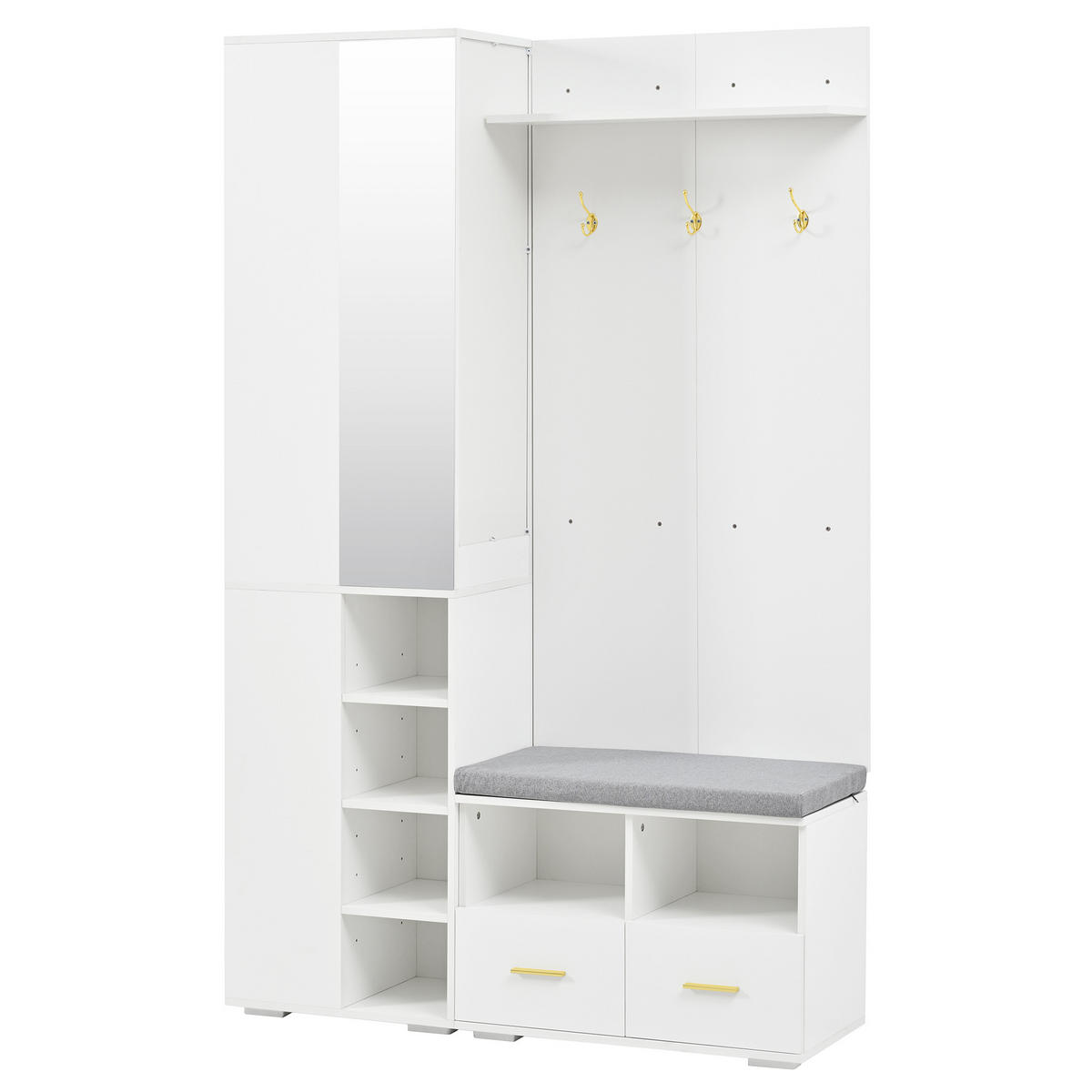 GARDEROBENSET, Spiegel, Schuhbank, 3 Haken, Weiß, 120x35x190cm - Weiß, Holzwerkstoff (35/190/120cm) - FLIEKS