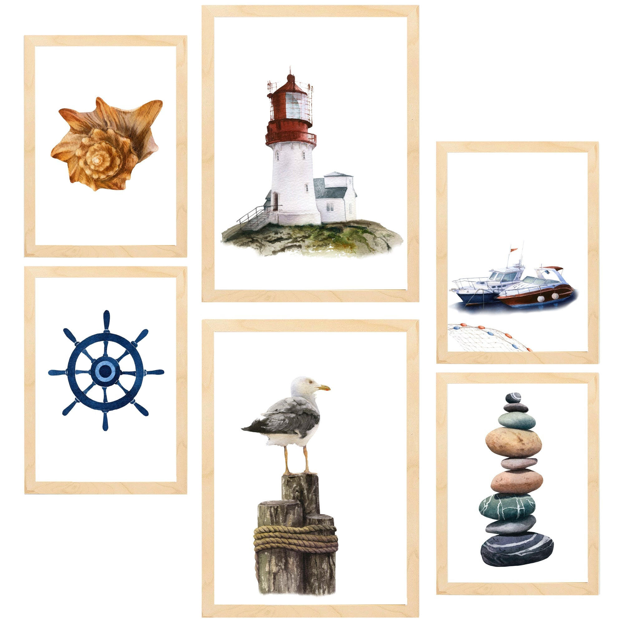POSTER Set Mit 6 Ozean & Meereskomposition A3 & A4 Rahmen Aus Hellem Holz - Beige, Papier (29/3cm) - Nacnic