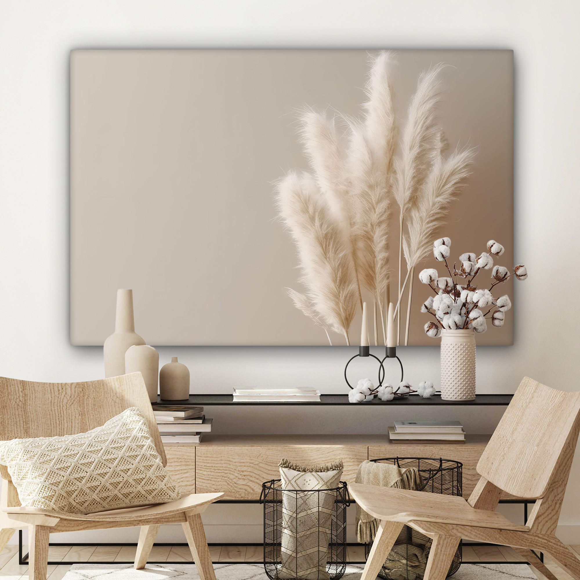 LEINWANDBILD Pampasgras - Federn - Pastell - Weiß Wohnzimmer 120x80 cm - Naturfarben, Textil (120/80cm) - MuchoWow