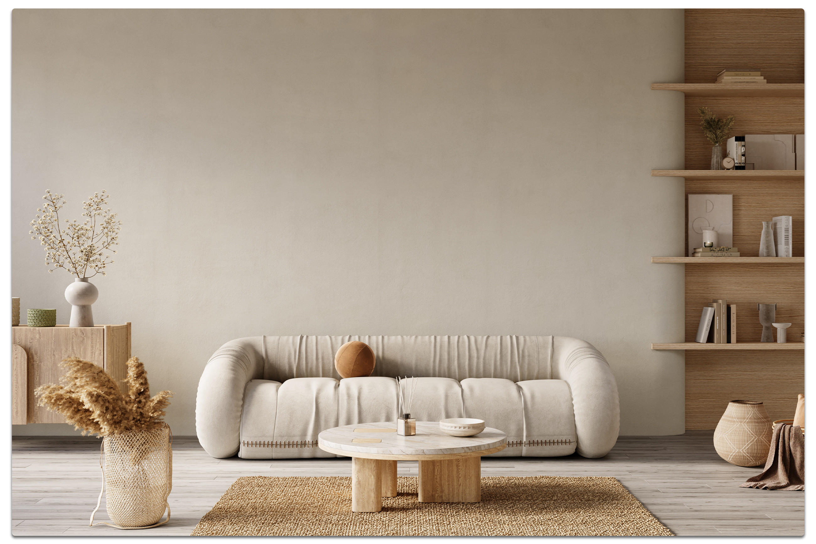 Minimalistisches Wohnzimmer mit beigem Sofa, rundem Holztisch und Sideboard – natürliche Farbpalette aus Beige-, Braun- und Holztönen für ein ruhiges, harmonisches Ambiente.