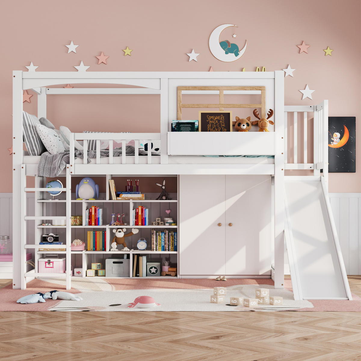 ETAGENBETT 90/200 cm Weiß mit Rutsche und Kleiderschrank aus Kiefer und MDF - Weiß, Holzwerkstoff (90/200cm) - OKWISH