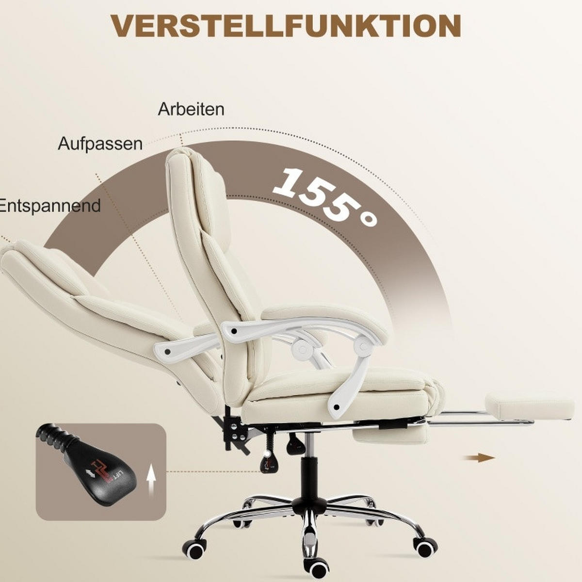 BÜROSTUHL in Beige 64x73x120 cm mit verstellbarer Rückenlehne und ausziehbarem Fußteil - Beige, Kunststoff (73/120/64cm) - IVMEU