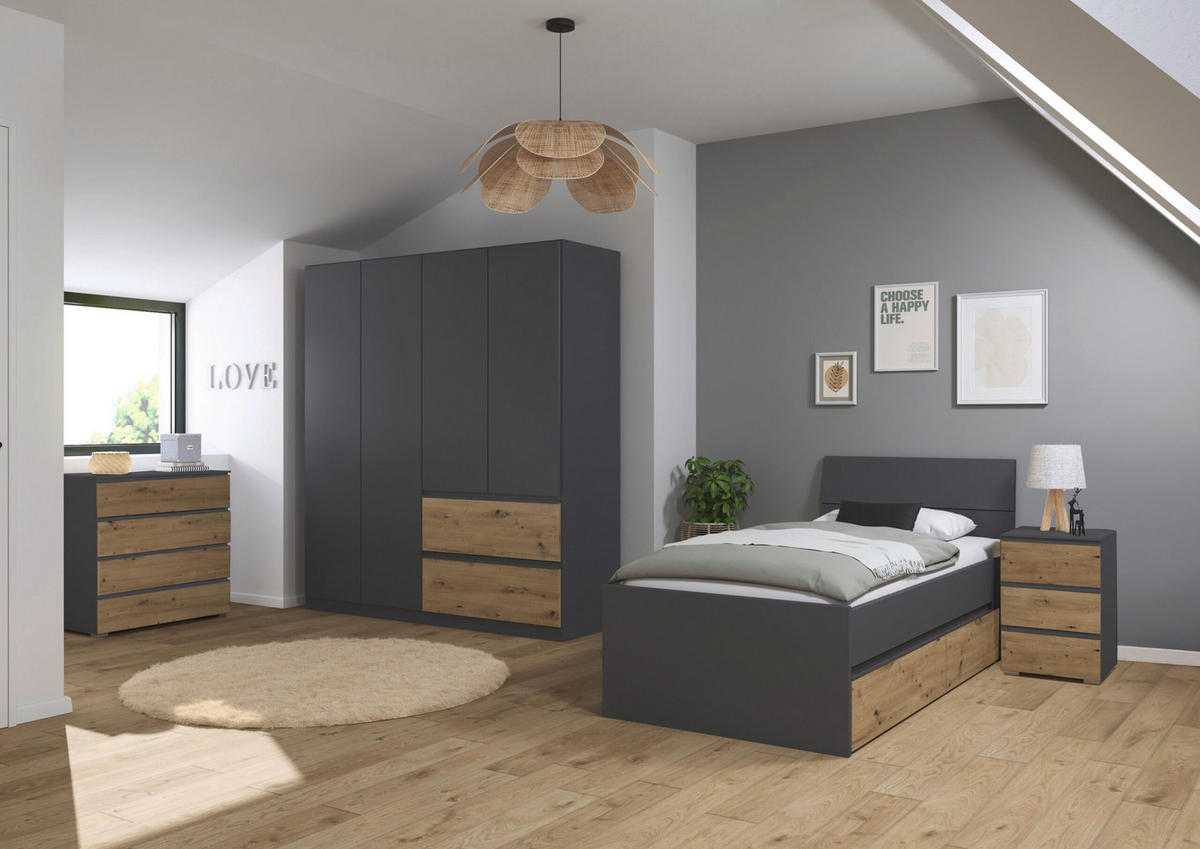 JUGENDZIMMER Joel in Grau Metallic und Artisan Eiche 4 teilig – mit 4türigem Kleiderschrank ohne Spiegel, 90er Jugendbett, Nachttisch und Kommode - Grau, Holzwerkstoff (80/200/120cm)