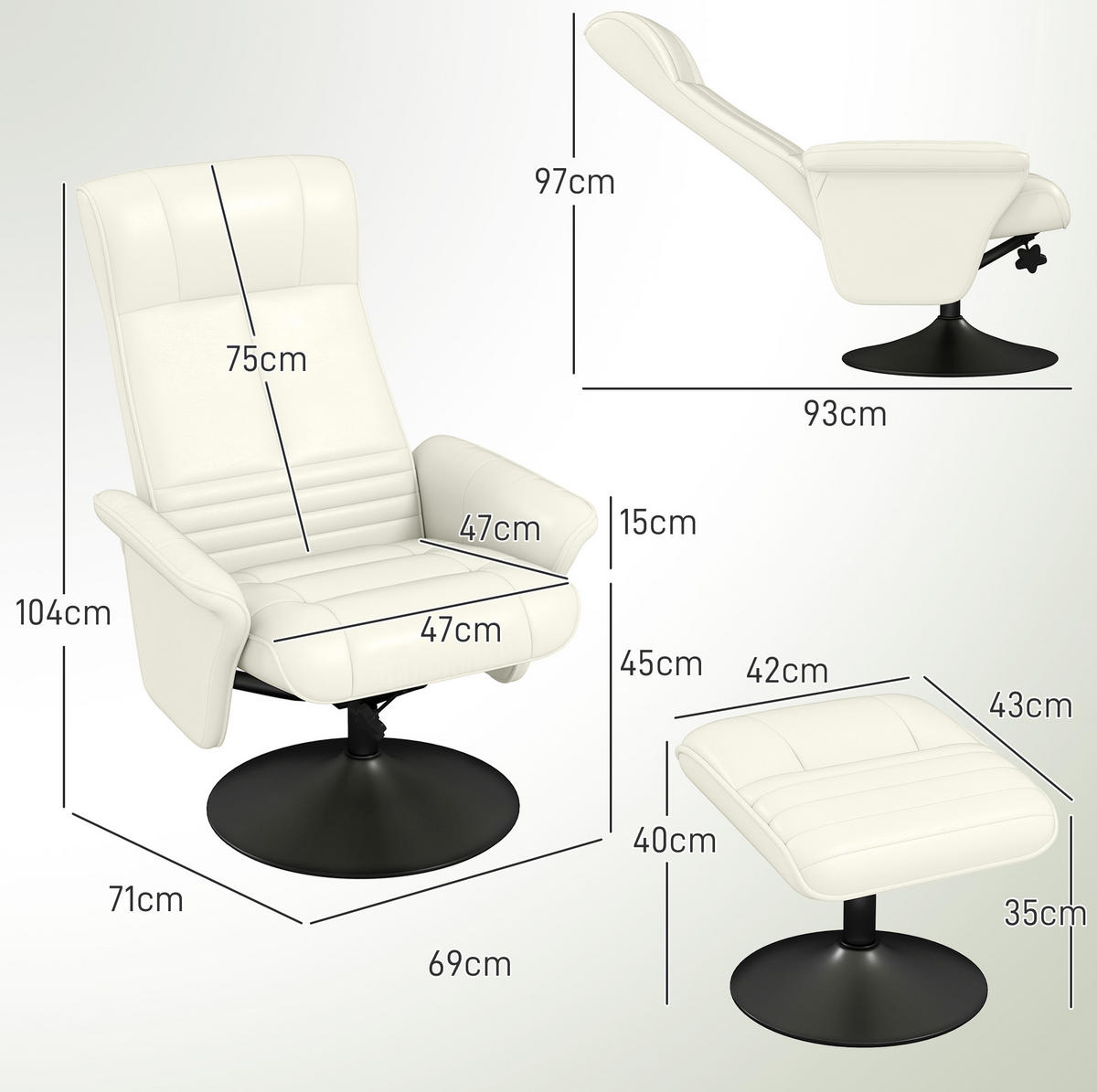 RELAXSESSEL 69/71/104 cm mit Hocker und 360°-Drehfunktion - Creme, Textil (71/104/69cm) - BEAOK