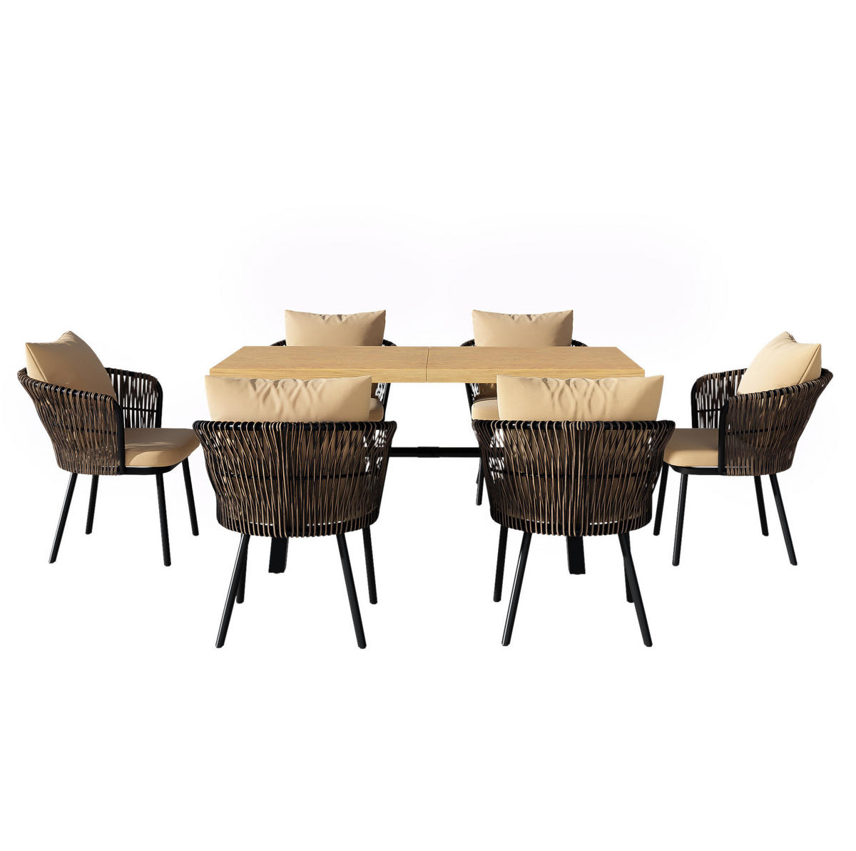 GARTEN-ESSGRUPPE 150/75/75 cm khaki/natur aus Eisen und Polyester für 6 Personen - Naturfarben, Metall - OKWISH
