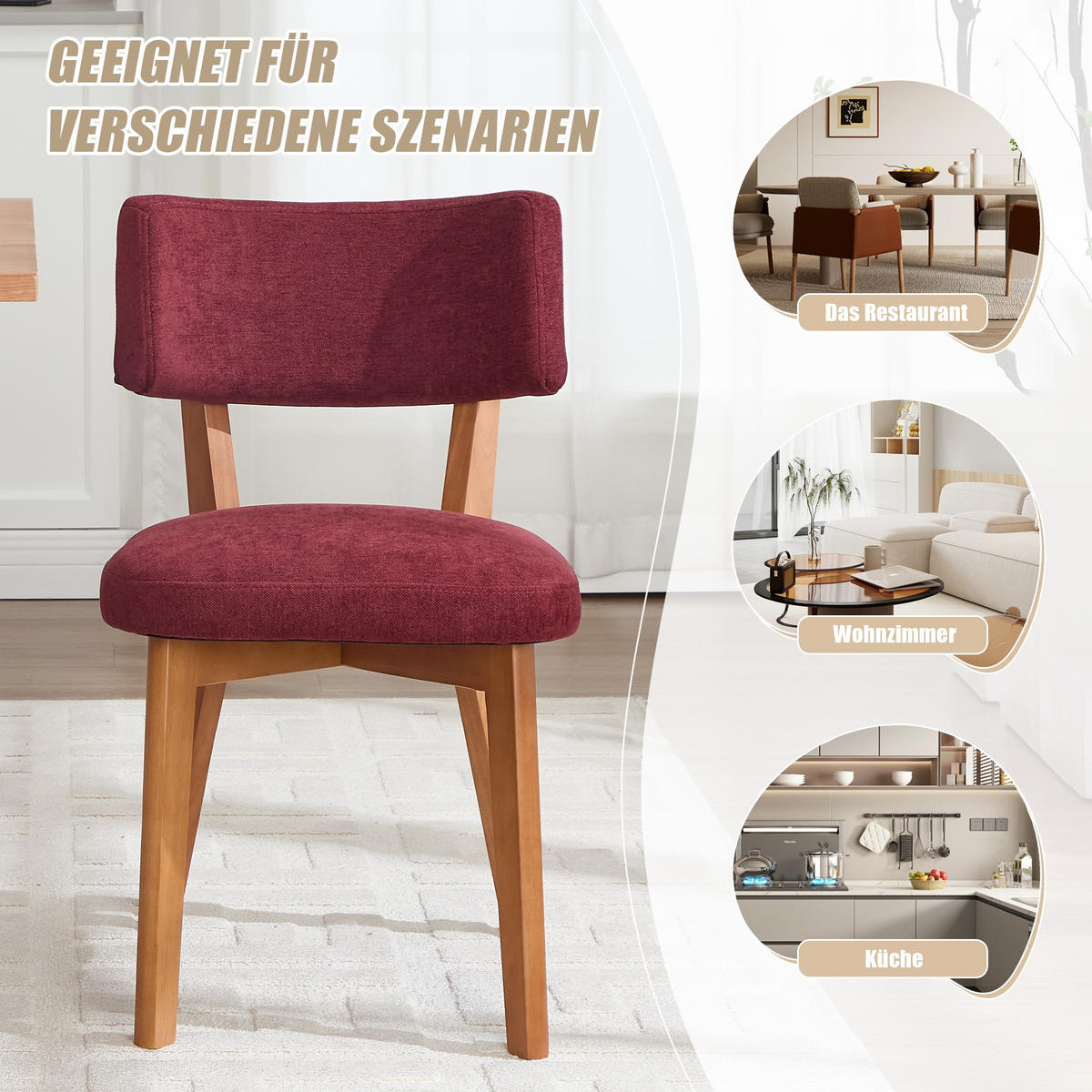 STÜHLE 2er-Set Esszimmerstuhl,Massivholz,Leinenstoff,Rotwein - Rot, Textil (47/77/54.5cm) - LVHOM