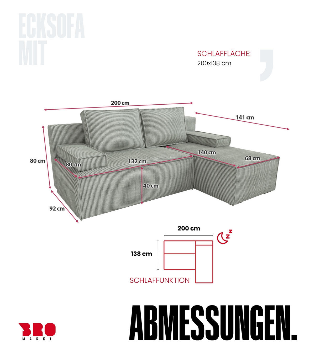 ECKSOFA Caspar mit Schlaffunktion Grau Cord - Hellgrau, Textil (200/141cm) - Bromarkt
